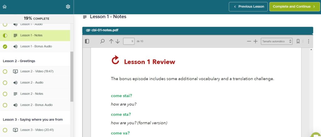 coffee break italian review lesson notes