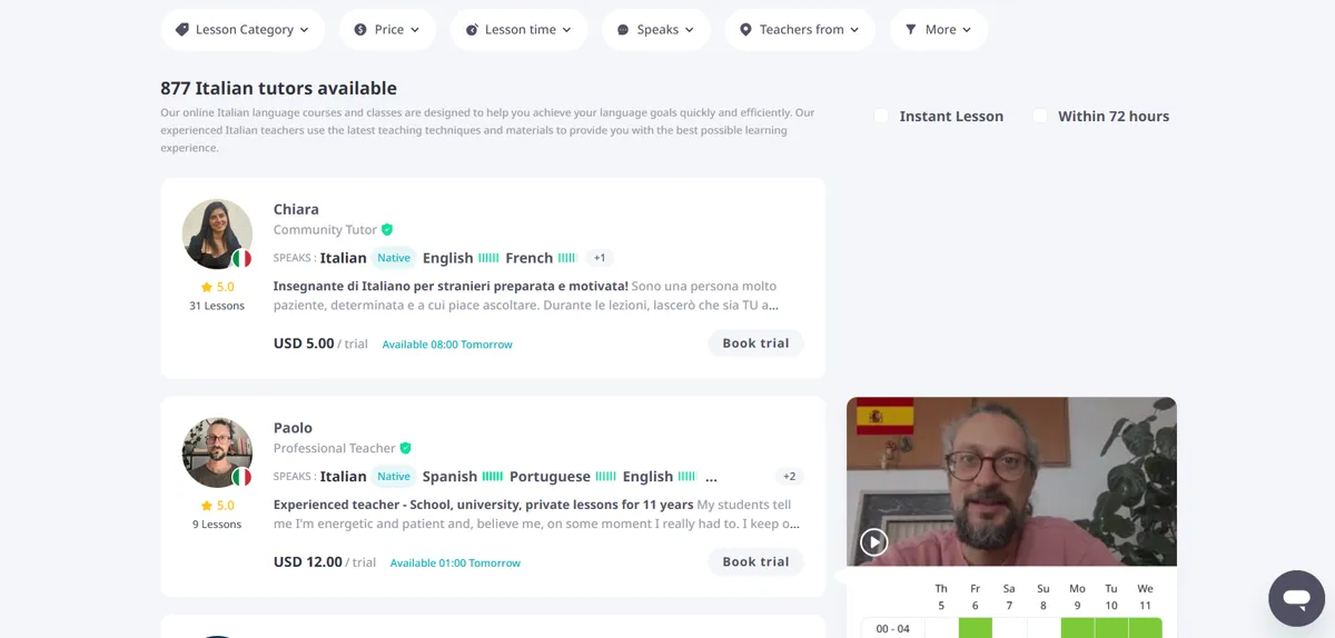 iTalki tutor browsing