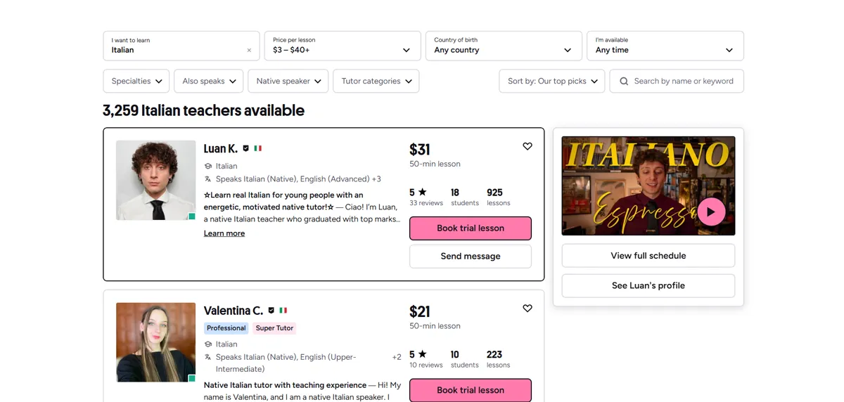Preply tutor search and filtering interface