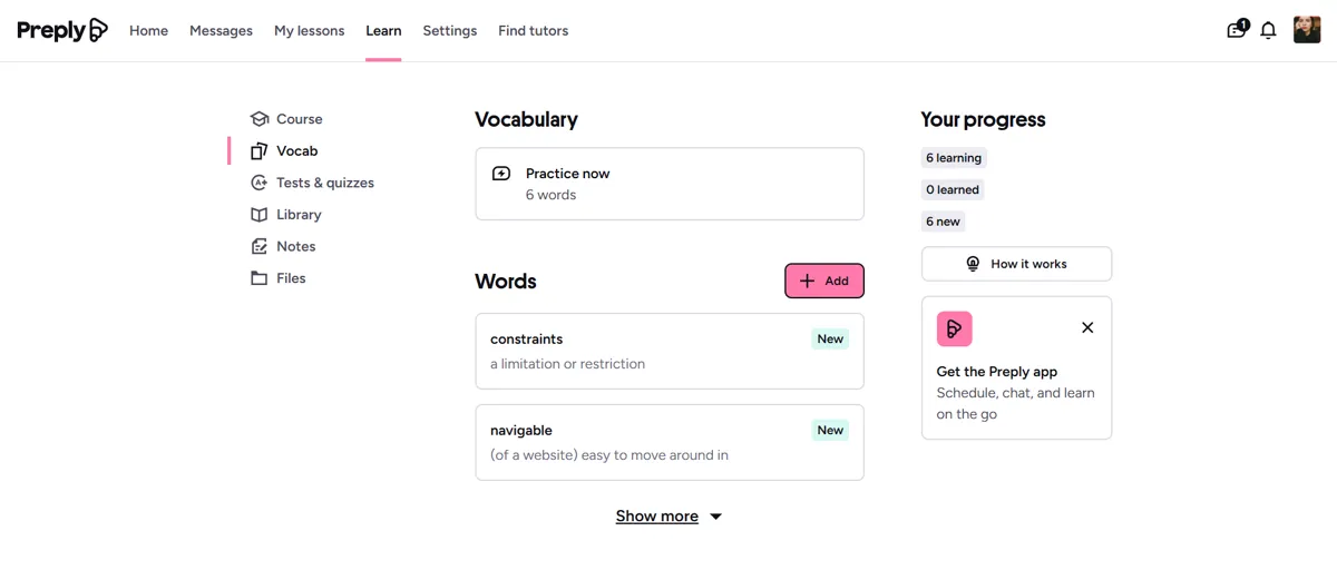 Preply lesson experience and vocabulary tools