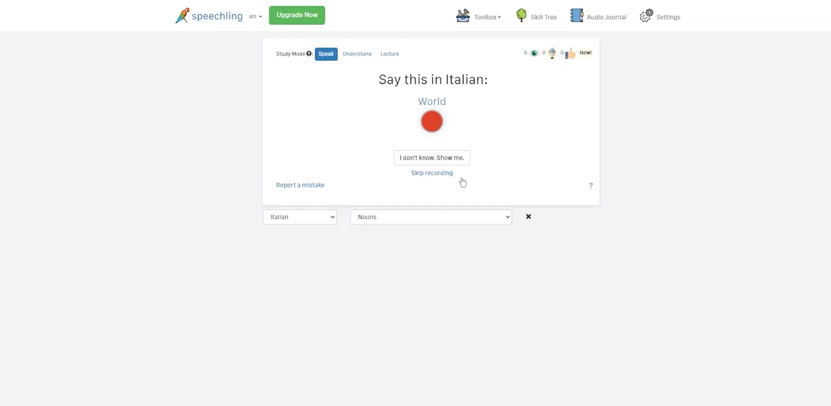 Speechling interface showing language selection and practice options