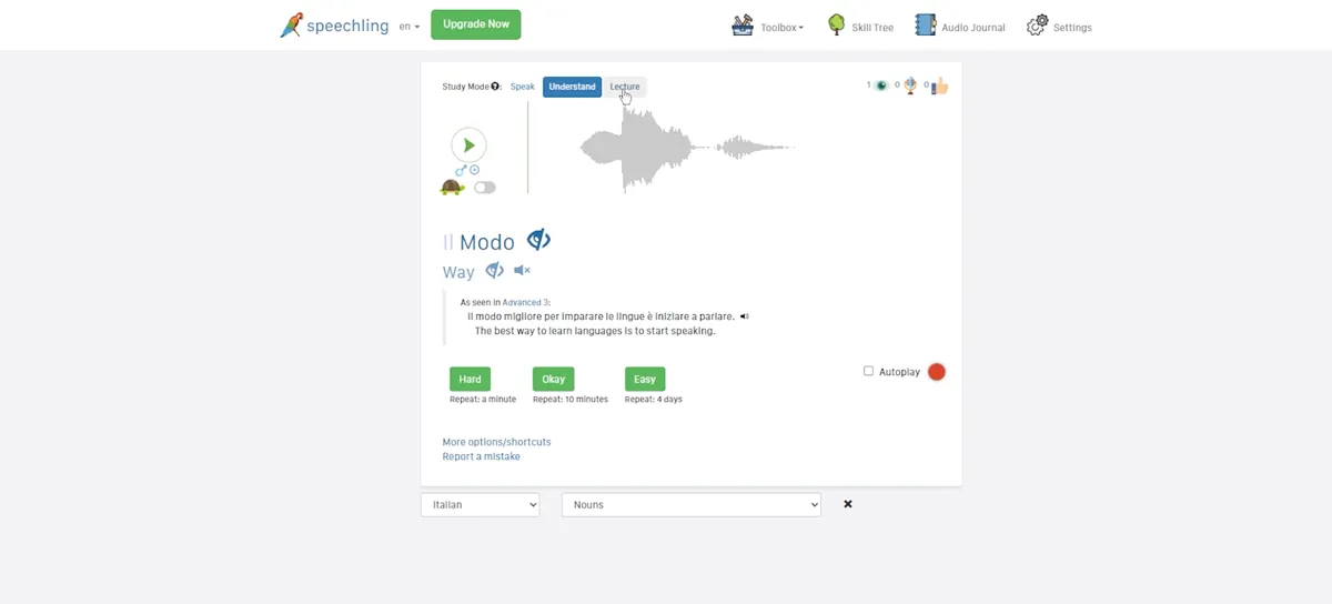 Speechling practice modes including dictation, flashcards, and freestyle