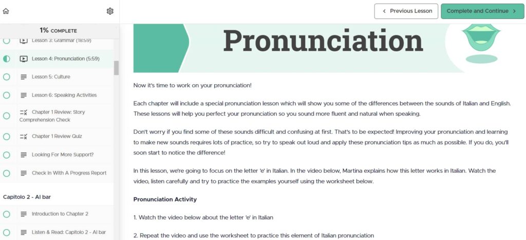 story learning italian review pronuntiation