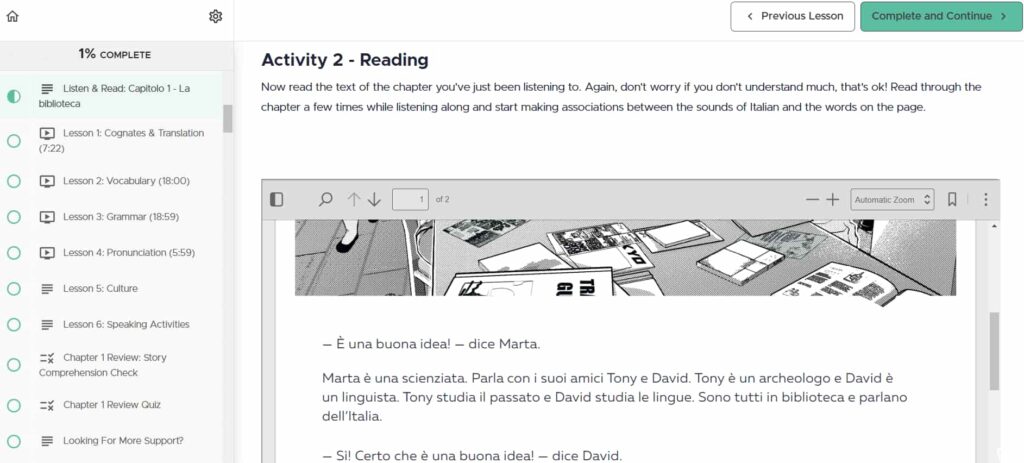 story learning italian review reading