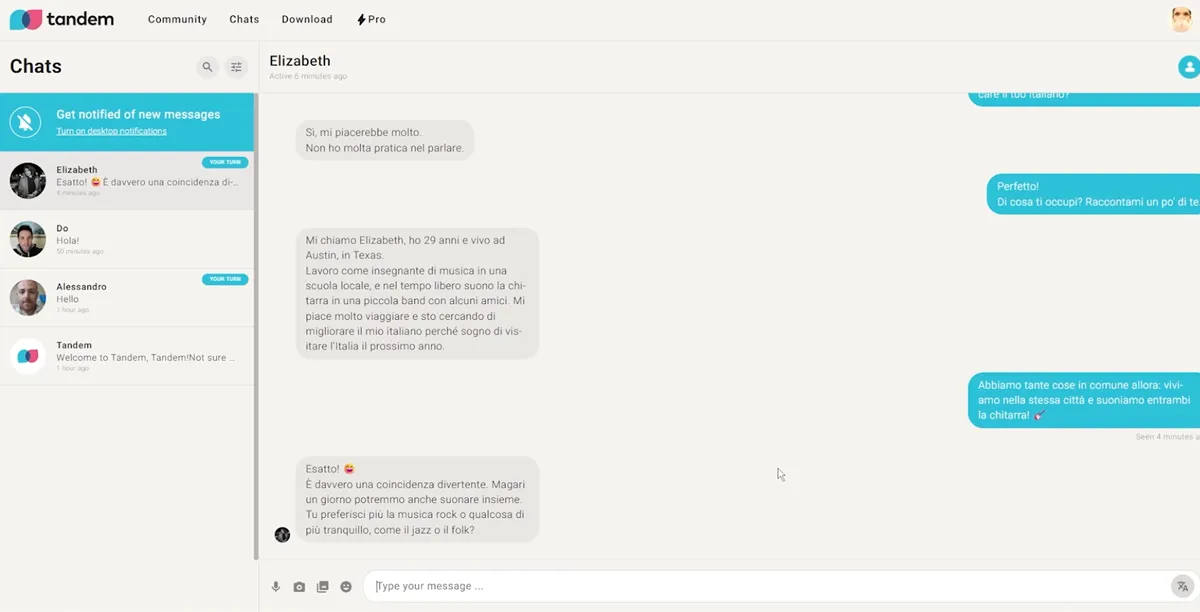 Tandem app community tab showing language partner profiles